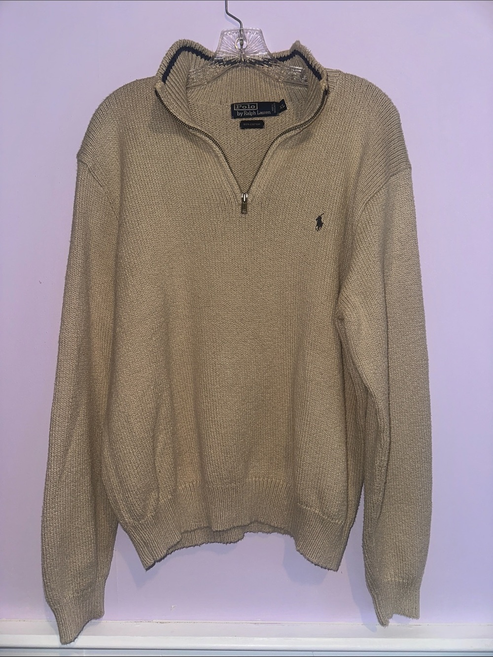 Polo Ralph Lauren Men’s XL Tan Quarter Zip 100% Cotton Sweater Navy Trim